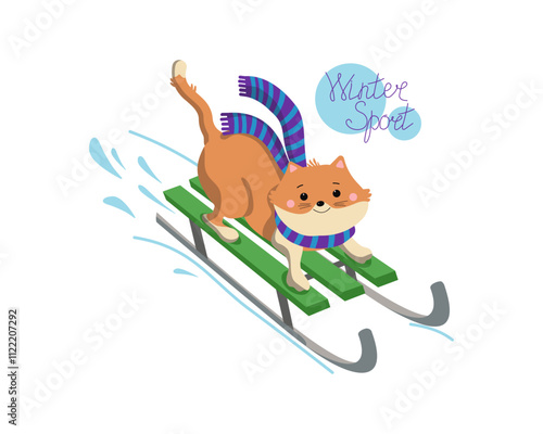 Cat riding a sled. Lettering, winter sports. Funny cartoon kitten. Winter season, snow. Vector graphics. Flat illustration. Background isolated.