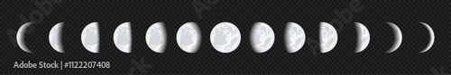 Phases of the Moon. Lunar Cycle. Planet Vector Moon on Transparent Background
