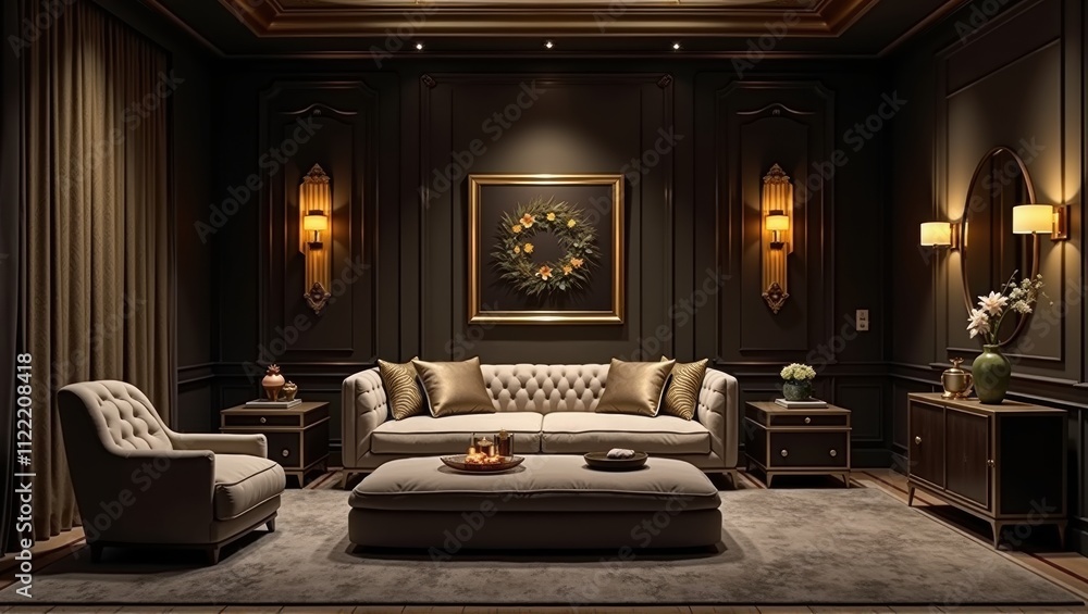 Fototapeta premium Elegant interior design, luxurious living room with dark walls and furniture, symmetrical composition. Generative, AI,