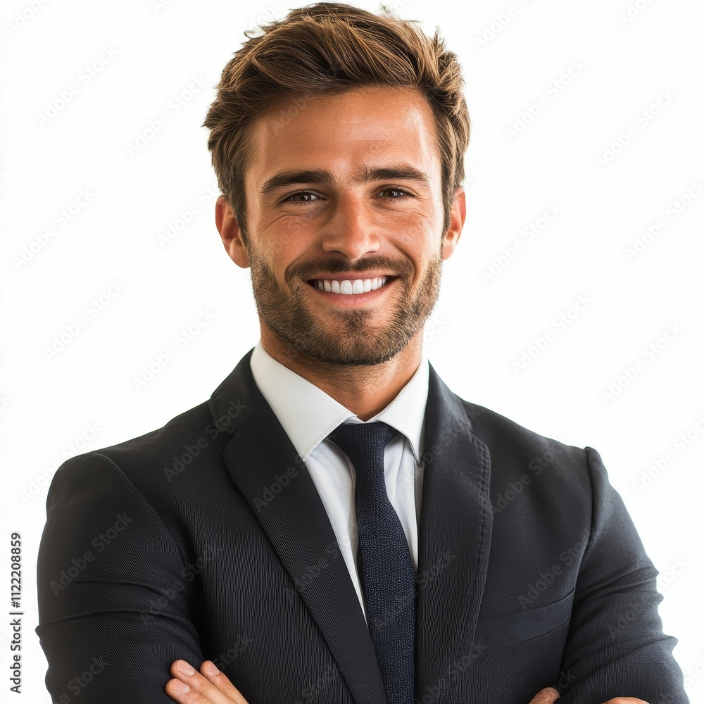 Smiling man, dark suit, crossed arms, confident. Smiling man, dark suit, crossed arms, confident.