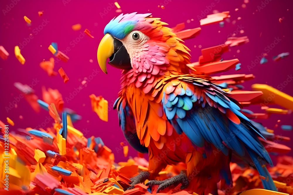 Obraz premium 3D render multicolored parrot with a splash of 3D paint.