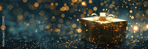 Golden sparkles fill a dark background, creating a magical and festive atmosphere with scattered glowing particles and soft bokeh lights. photo