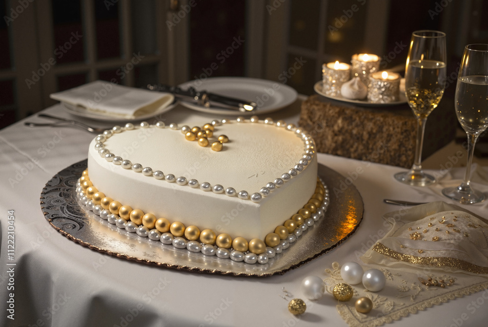 Fototapeta premium White heart-shaped cake with gold decor