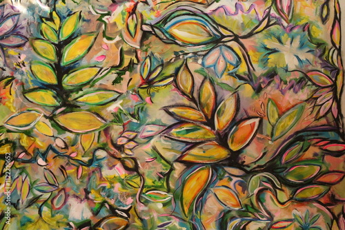 Colorful Modern Abstract Acrylic Painting of Plants and Leaves for Backgrounds