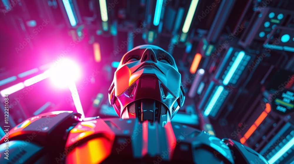 Fototapeta premium The Rise of AI: A futuristic, stylized image of a robot's gaze, illuminated by vibrant neon lights. This captivating composition represents the potential of artificial intelligence.
