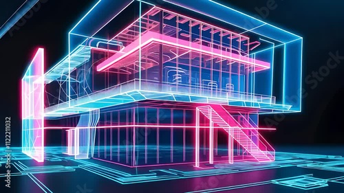 Futuristic 3D Building Blueprint with Neon Pink and Blue Light Accents on a Digital Grid Background

 photo