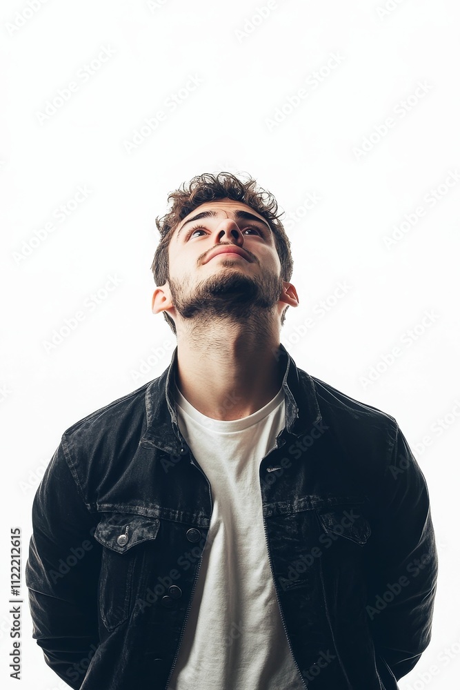 Obraz premium Young man, dark jacket, white shirt, looking up.