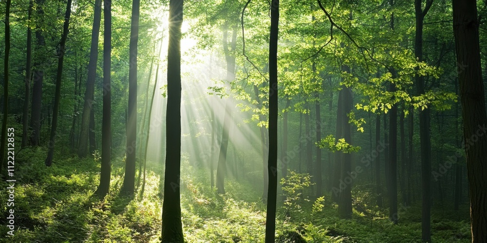 Fototapeta premium Breathtaking Serene Sunlight in a Lush Green Forest is a true natural wonder to behold