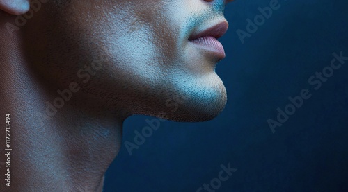 Closeup of a man's chin and neck with clean skin on a dark blue background leaving space for text photo