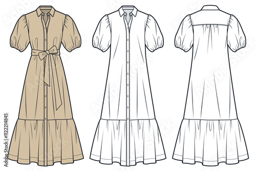 Puff Sleeve long Dress technical fashion illustration. Shirt Dress fashion flat technical drawing template, button up, ruffle, relaxed fit, front and back view, white, beige, women Dress CAD mockup.