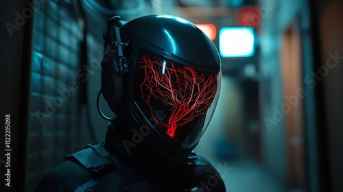 Cyberpunk Helmet: Neon Glowing Veins in Dark Alley photo