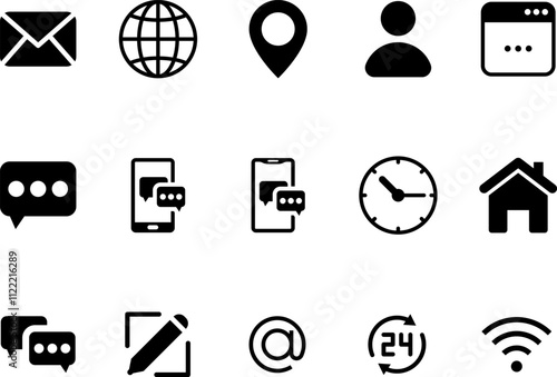 Business card or contact information icon set for website. Name, location, phone, email and web address symbol. Png or vector illustration.