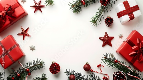 Merry Christmas Festive Background: Red Gifts, Ornaments, and Pine Branches on White photo