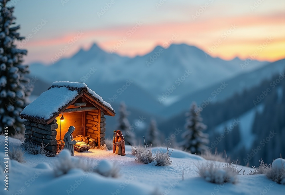 A serene nativity scene nestled in a snow covered wooden hut amidst a breathtaking mountain sunset. A serene nativity scene nestled in a snow covered wooden hut amidst a breathtaking mountain sunset.