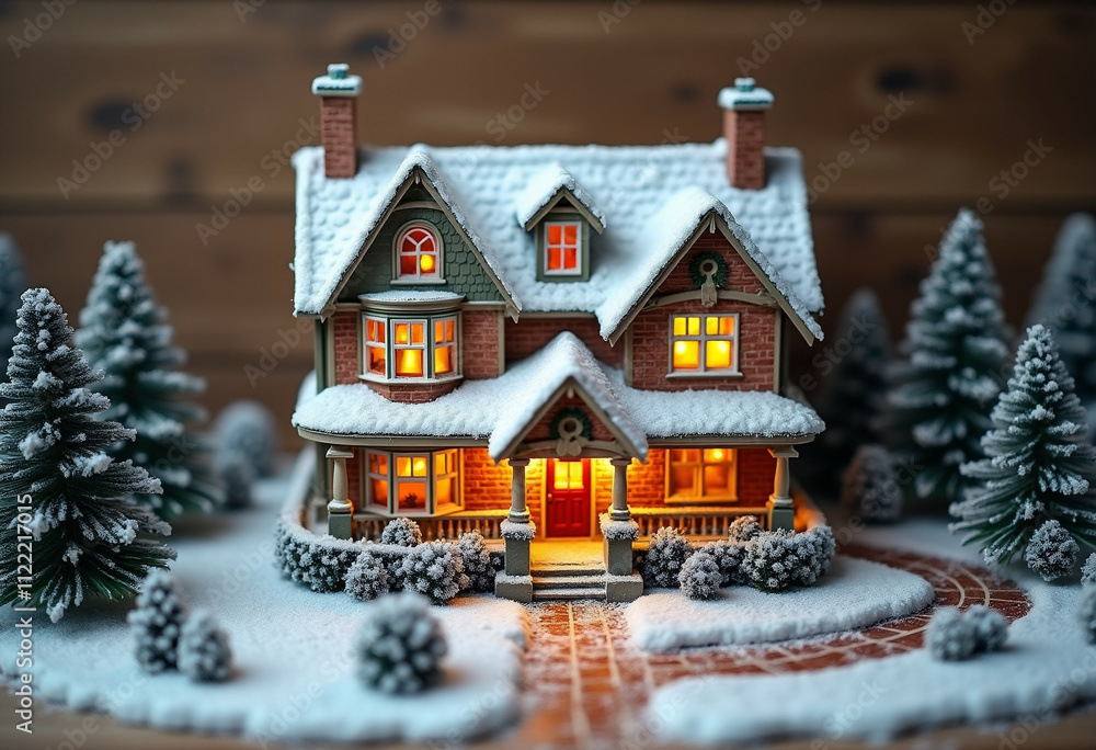 Fototapeta premium A charming snow covered house with warm lights creating a cozy winter scene.