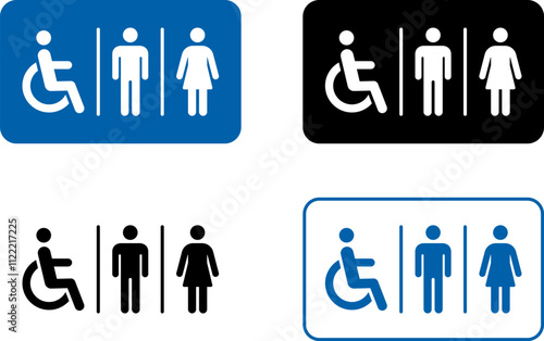 Washroom signs. Printable sticker of toilet symbol sign with woman wc man handicapped baby icons. Restroom bathroom and change room sign. png or vector illustration.