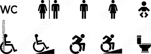 Washroom signs. Printable sticker of toilet symbol sign with woman wc man handicapped baby icons. Restroom bathroom and change room sign. png or vector illustration.