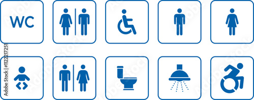 Washroom signs. Printable sticker of toilet symbol sign with woman wc man handicapped baby icons. Restroom bathroom and change room sign. png or vector illustration.