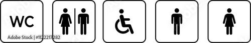 Washroom signs. Printable sticker of toilet symbol sign with woman wc man handicapped baby icons. Restroom bathroom and change room sign. png or vector illustration.