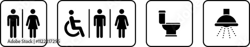 Washroom signs. Printable sticker of toilet symbol sign with woman wc man handicapped baby icons. Restroom bathroom and change room sign. png or vector illustration.