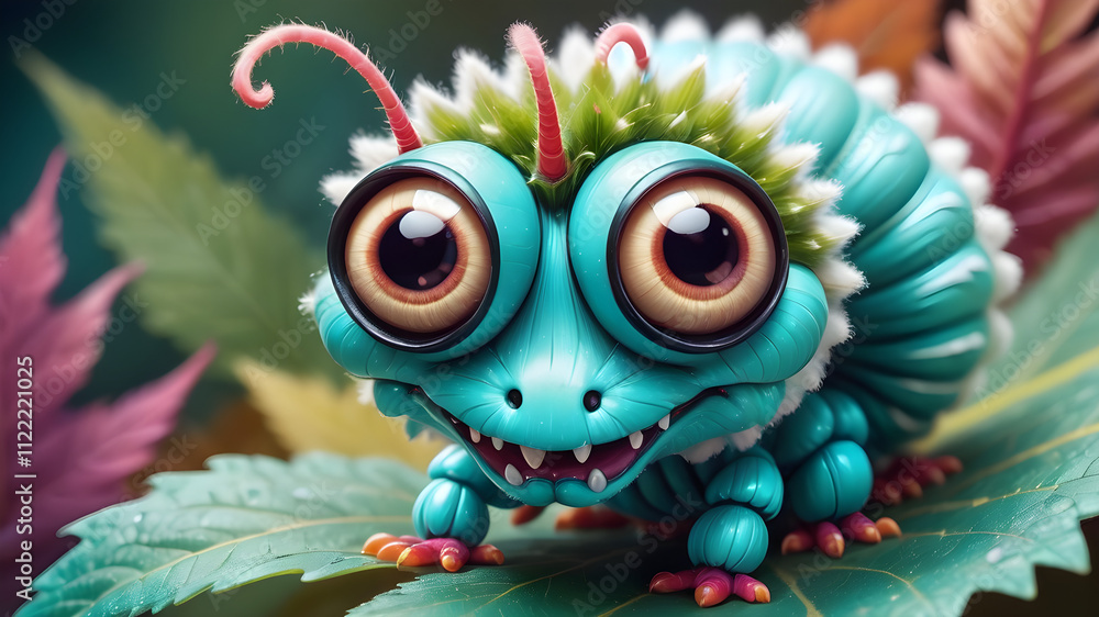 A cartoonish blue bug with a green head and mouth is sitting on a leaf A cartoonish blue bug with a green head and mouth is sitting on a leaf