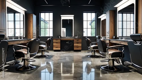 Modern Barbershop Interior with Stylish Chairs, Large Mirrors, Wooden Accents, and Polished Concrete Flooring

 photo