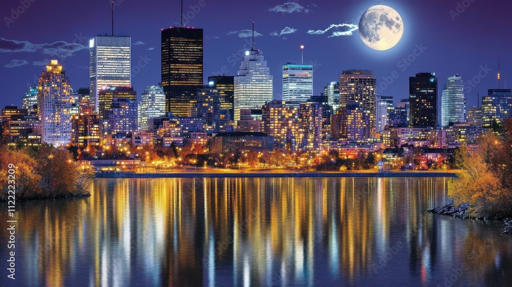 Fototapeta premium Night cityscape with full moon reflecting on water.