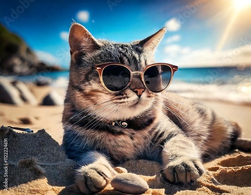 Lazy cat wearing sunglasses and chilling on a beach. Generative AI