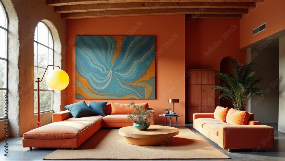 Fototapeta premium Modern living room interior with vibrant orange sofa, abstract art, wooden ceiling, and lush greenery outside. Generative, AI,