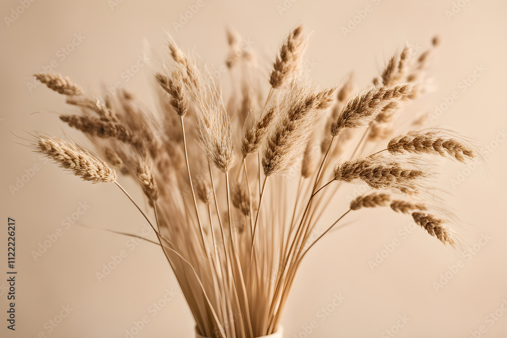 Fototapeta premium Close-Up of Creamy Dry Grass Bouquet on a Soft Beige Blurred Background 