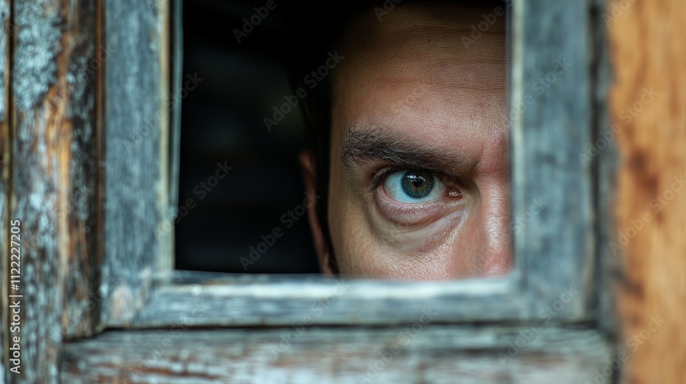 Intrigued Gaze Through an Old Wooden Frame Intrigued Gaze Through an Old Wooden Frame