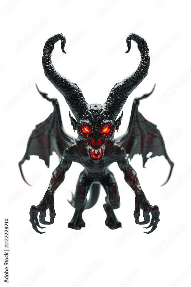 Fototapeta premium A menacing creature with large horns, glowing red eyes, bat-like wings, and sharp claws, exuding a dark and sinister presence.