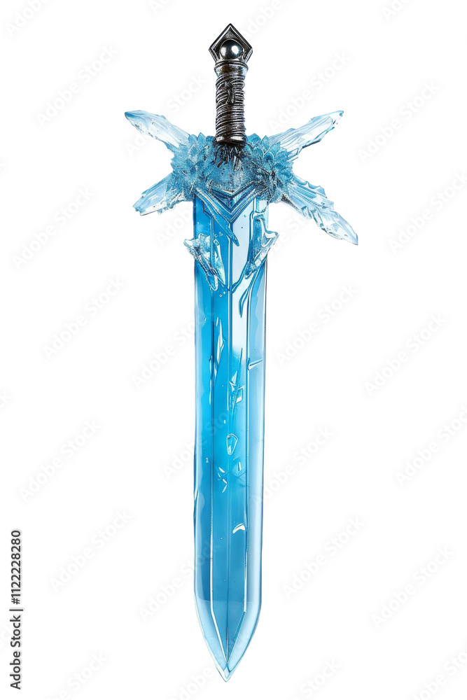 A striking blue sword with crystalline details and a decorative hilt, radiating an ethereal and magical aura. A striking blue sword with crystalline details and a decorative hilt, radiating an ethereal and magical aura.