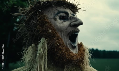 Man masked as a creepy scarecrow laughing in a strange way photo