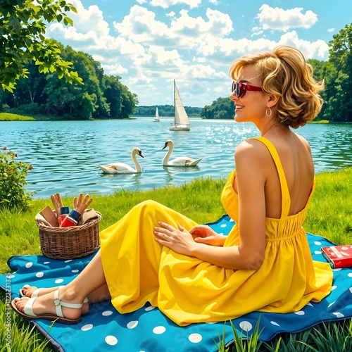 Woman sitting by a lake wearing a yellow dress