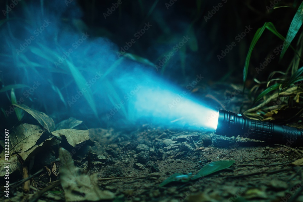 Fototapeta premium Bright Blue Flashlight Illuminating Dark Forest Floor with Mist and Green Grass Creating a Mysterious Atmosphere in Nature