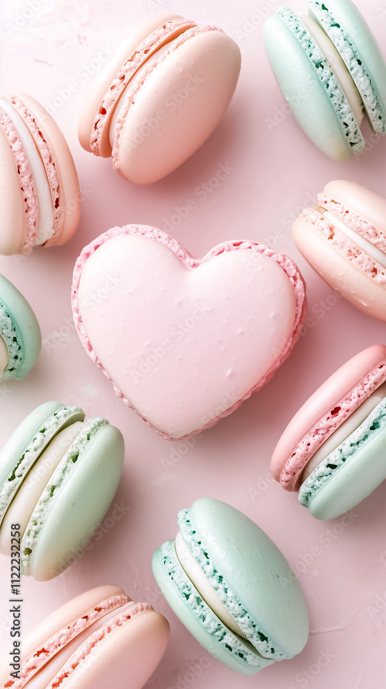 Fototapeta premium Colorful pastel macarons are beautifully arranged in a heart shape, perfect for celebrating love or special occasions