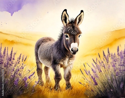 Baby donkey mule standing watercolor, Generative AI