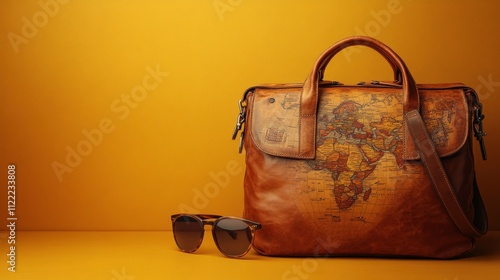 Stylish leather bag featuring vintage world map design resting on a vibrant yellow background paired with trendy sunglasses, perfect for travel enthusiasts and fashion lovers. photo