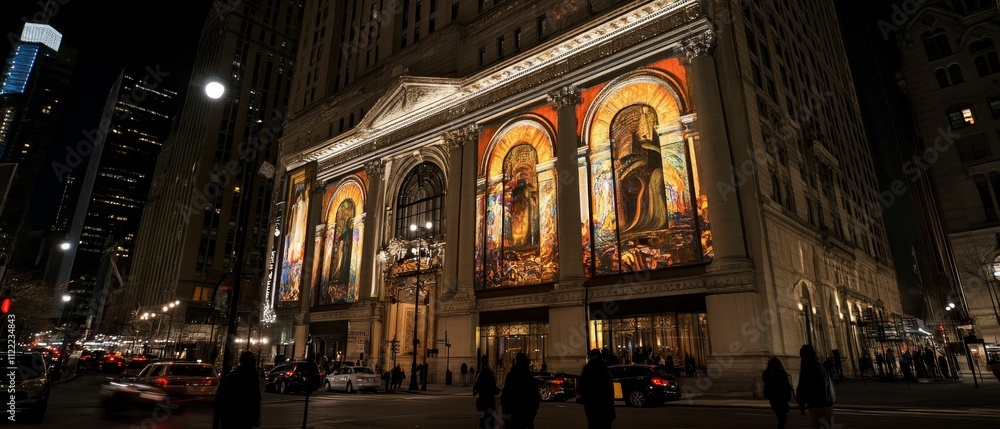 Fototapeta premium Nighttime city building, projected artwork, pedestrians.