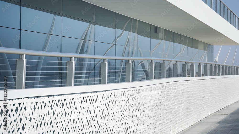 Fototapeta premium Modern architectural facade with sleek lines and reflective glass.