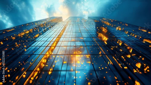 Wallpaper Mural Looking up at modern glass skyscrapers reflecting the sky and city lights, representing business, corporate world, and urban growth Torontodigital.ca