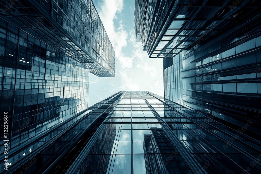 Glass skyscrapers reflect sky; urban architecture. Glass skyscrapers reflect sky; urban architecture.