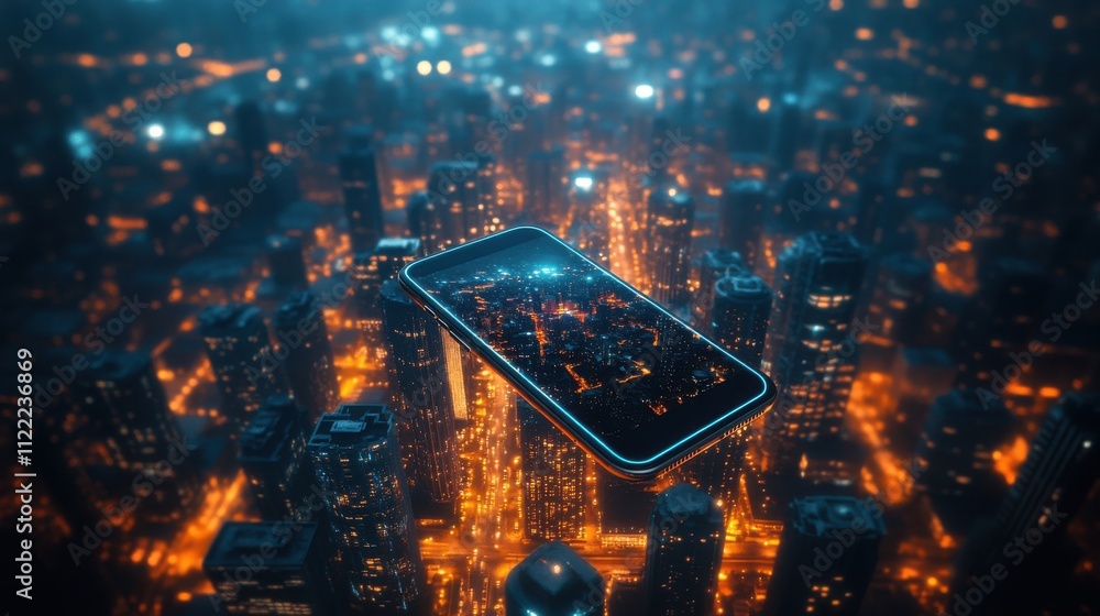 Naklejka premium Futuristic Nightscape: Smartphone Hovering above Grid Patterned Street
