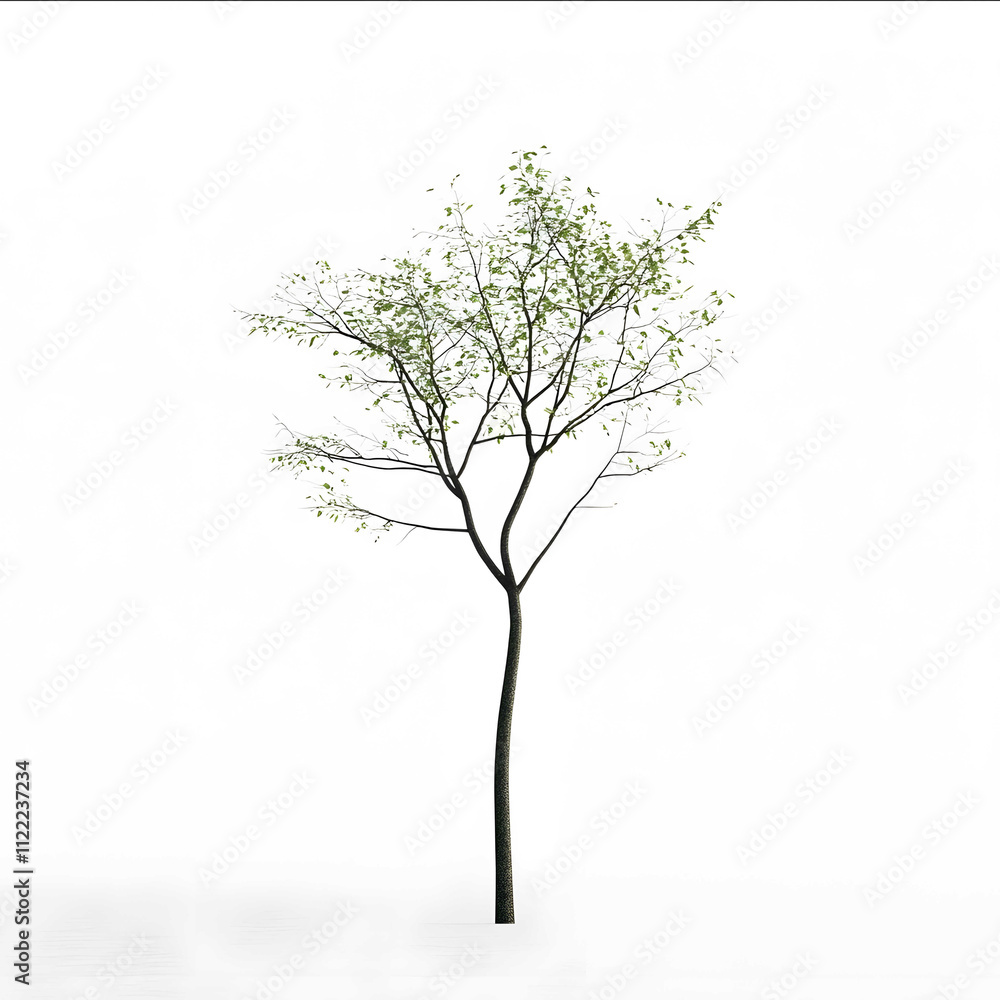 Obraz premium skinny tree on white background with green leaves