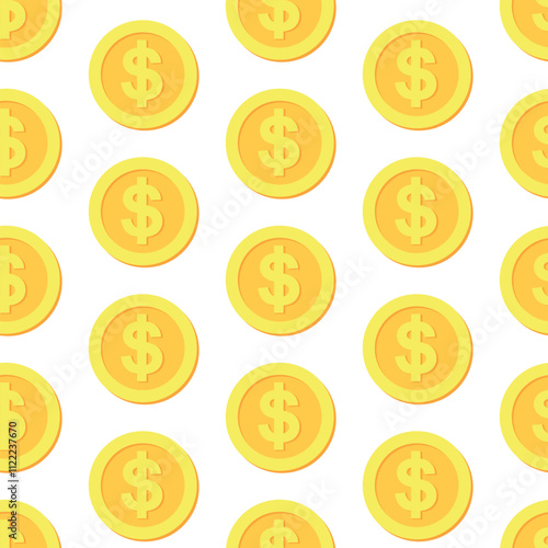 Dollar money vector seamless pattern. Gold coins with USD symbols on white background.