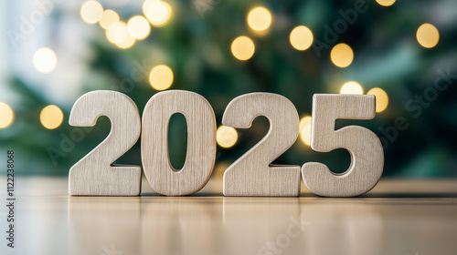 Wooden numbers 2025 with festive holiday lights background