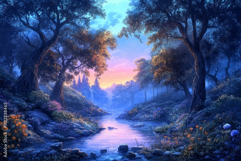Obraz premium Serene stream flows through twilight forest, colorful flora.