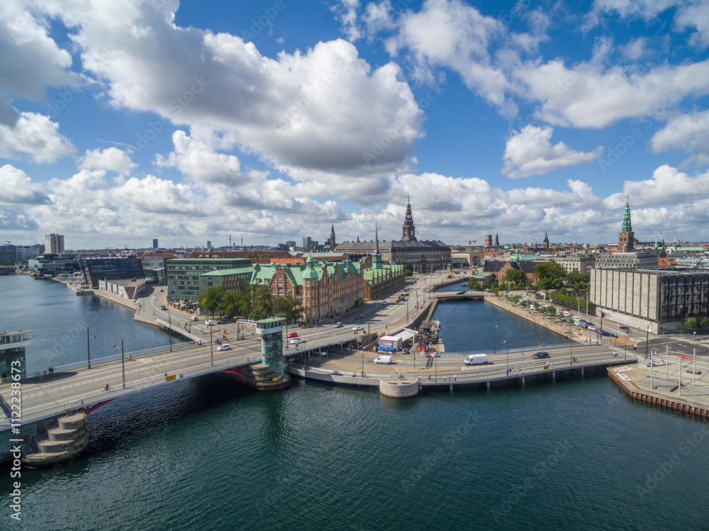 Obraz premium Copenhagen Cityscape, Denmark. Copenhagen Old Town, Danish Parliament, Borsen Stock Exchange, Christiansborg Palace