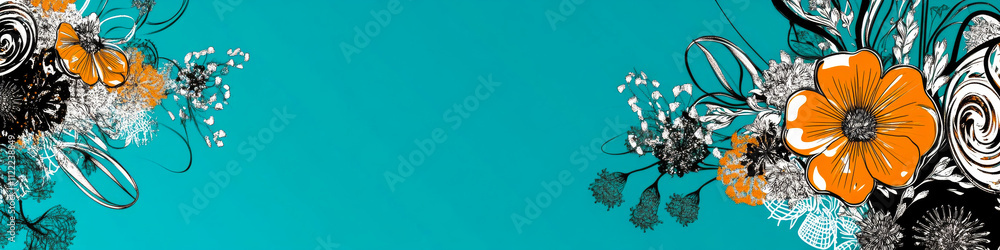 Obraz premium Vibrant floral design on a turquoise background. Vibrant black and orange floral patterns pop against a bright turquoise background for a stunning effect.